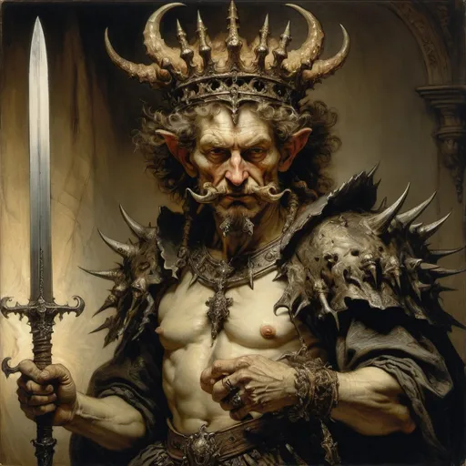 Prompt: Rembrandt, Arthur Rackham, rich oil portrait, Fantasy Trifling, Horned crowned devil-man wielding an ornate detailed sword, iron spikes growing from his head like a crown, With-King of Angmar, masterpiece, dramatic pose. dramatic lighting