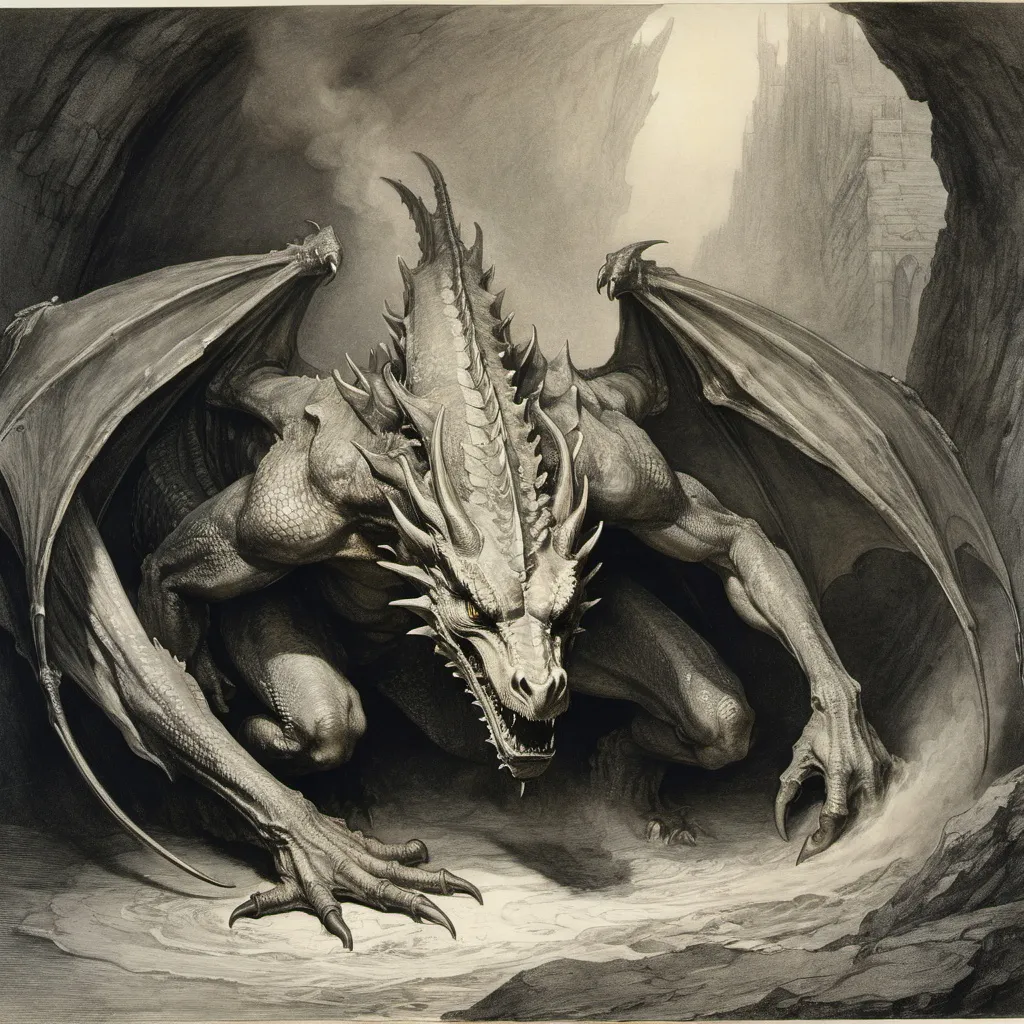 Prompt: Alan Lee, Gustav Dore paint a cruel dragon with five heads,  masterful etching, masterpiece, old masters, rich water colours, grim, dark, delicate line work, dramatic lighting 
