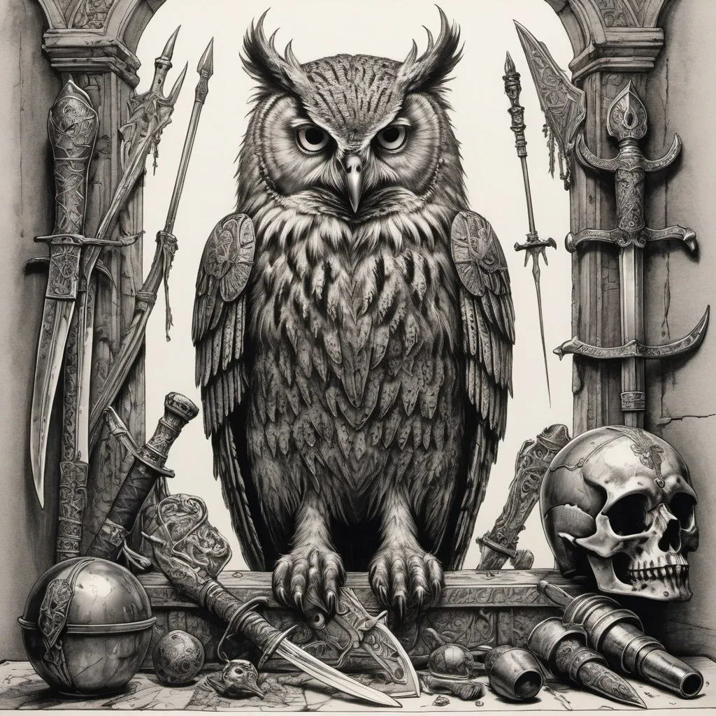 Prompt: detailed line drawing, india ink, pen and ink, a detailed still life of a dead owl-bear hybrid amid medieval weapons, armour, and treasure, very detailed, duotone, high contrast, Dyson Logos, Arthur Rackham