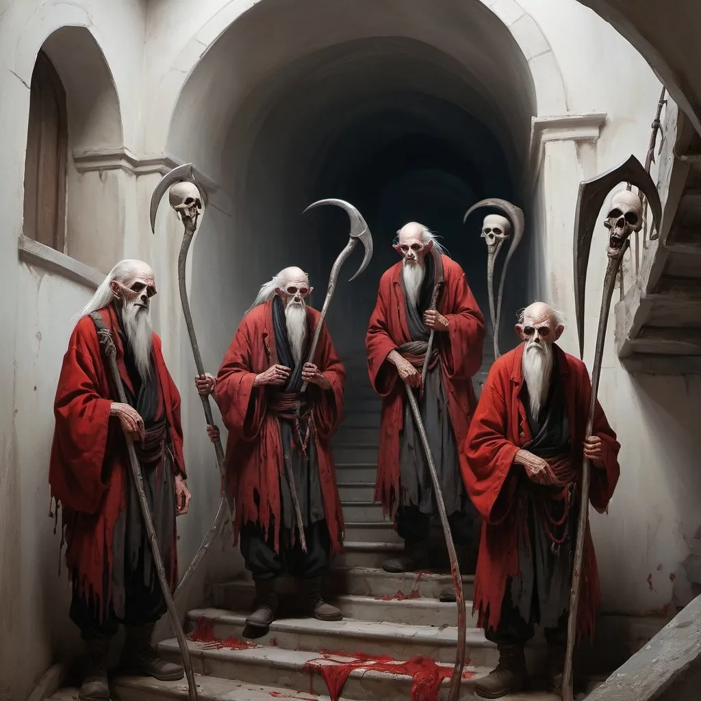 Prompt: several emaciated child-sized thin wirey old men holding reaper scythes as weapons, standing guard on a stairwell inside an old tower, large boots, each wears a red blood soaked kerchief hat, short vests, thin pants, emaciated, menacing, warriors, fantasy, intricate, white hair, mean little men, highly detailed, painting, artstation, concept art, sharp focus, full body illustration