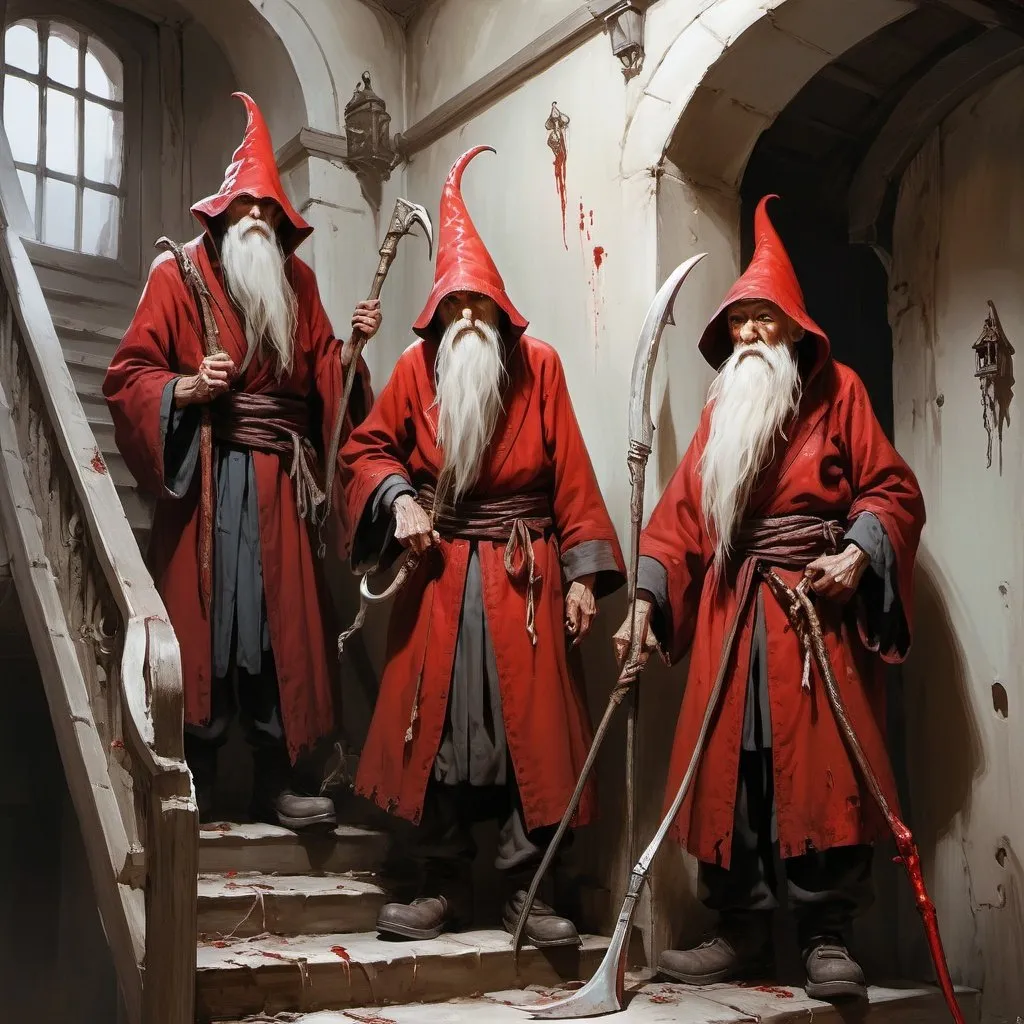 Prompt: several emaciated child-sized thin wirey old men holding reaper scythes as weapons, standing guard on a stairwell inside an old tower, large boots, each wears a red blood soaked kerchief hat, short vests, thin pants, emaciated, menacing, warriors, fantasy, intricate, white hair, mean little men, highly detailed, painting, artstation, concept art, sharp focus, full body illustration