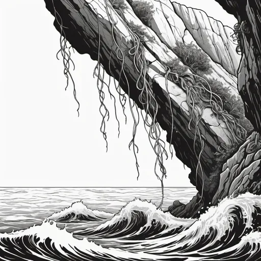 Prompt: submerged sprouting organic tendrils of rock climbing to the surface of the ocean above, beautiful line art, horror illustration, long vertical sticker, b and w,masterpiece, 