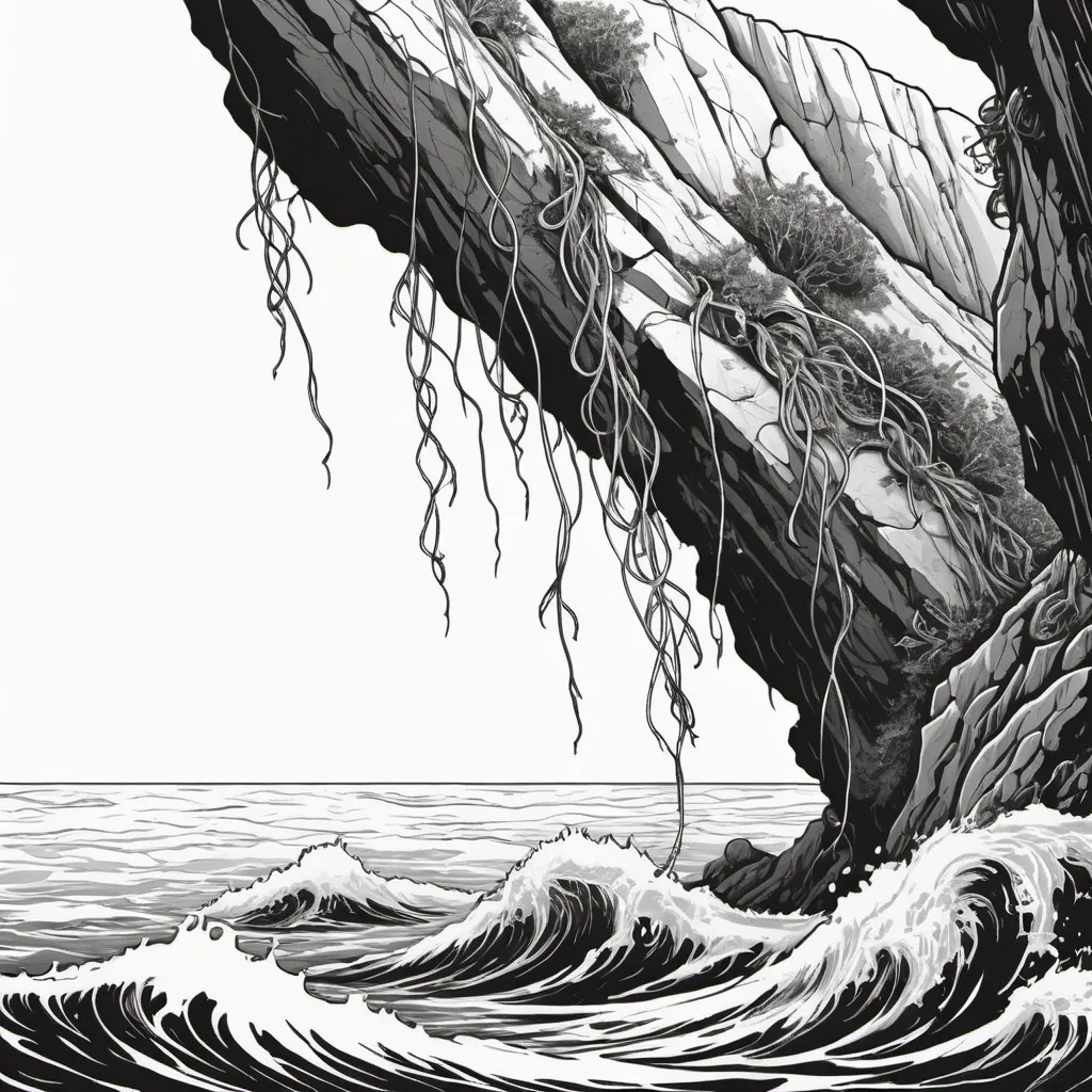 Prompt: submerged sprouting organic tendrils of rock climbing to the surface of the ocean above, beautiful line art, horror illustration, long vertical sticker, b and w,masterpiece, 