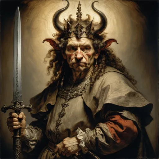 Prompt: Rembrandt, Arthur Rackham, rich oil portrait, Horned and crowned devil-man wielding an ornate detailed sword, masterpiece, dramatic pose. dramatic lighting