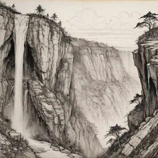 Prompt: detailed line drawing, india ink, pen and ink, an epic sized escarpment face with intermittent waterfalls, drawn as a panorama from a distance to capture the majesty, monotone, high contrast, Arthur Rackham