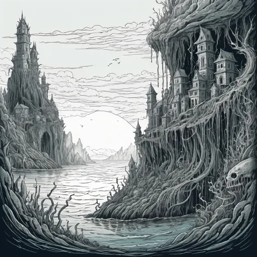 Prompt: submerged fantasy ruined city sprouting organic tendrils of organic rock to the surface of the ocean above, beautiful line art, horror illustration, long vertical sticker, masterpiece, 