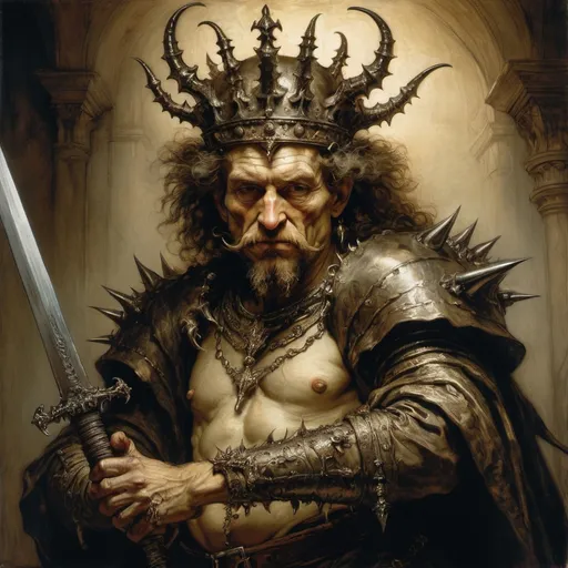 Prompt: Rembrandt, Arthur Rackham, rich oil portrait, Fantasy Trifling, Horned crowned devil-man wielding an ornate detailed sword, iron spikes growing from his head like a crown, With-King of Angmar, masterpiece, dramatic pose. dramatic lighting