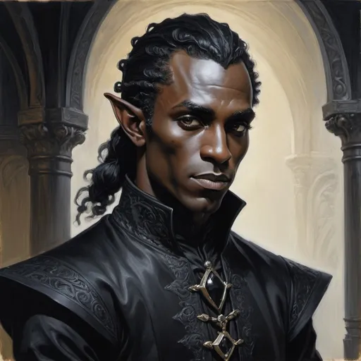 Prompt: detailed painting of a ink black noble male elf with ink black skin and hair dressed in all black fine clothing, angular features, acrylic, detailed, volumetric lighting, Gerald Brom, Gustav Dore, high contrast