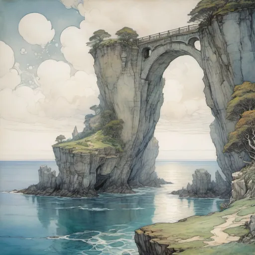 Prompt: Anato Finnstark and Arthur Rackham paint a vibrant and idyllic fantasy island, cliff faces, sea below, pearl white heavenly arched bridge extends out into the sea to an unseen island out of frame, realistic, bright, hopeful, Eden