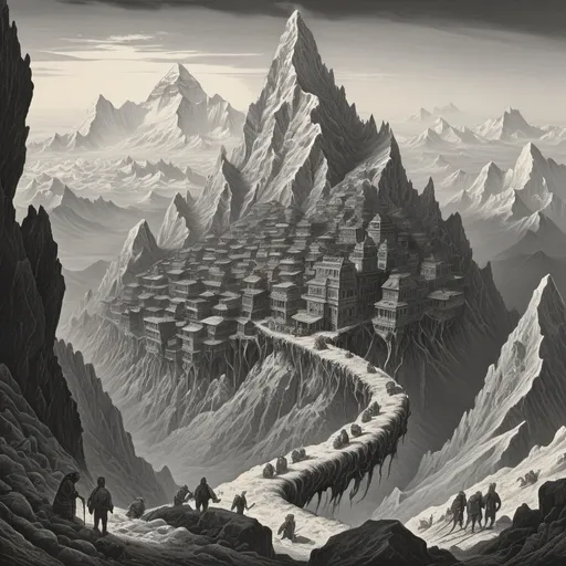 Prompt: A thousand caterpillar legs are the foundation of this surreal fantasy city crawling its way along the slopes of Everest, beautiful line art, horror illustration, horizontal canvas, two tone, lithograph, masterpiece, Joe Fenton, Gustav Dore

