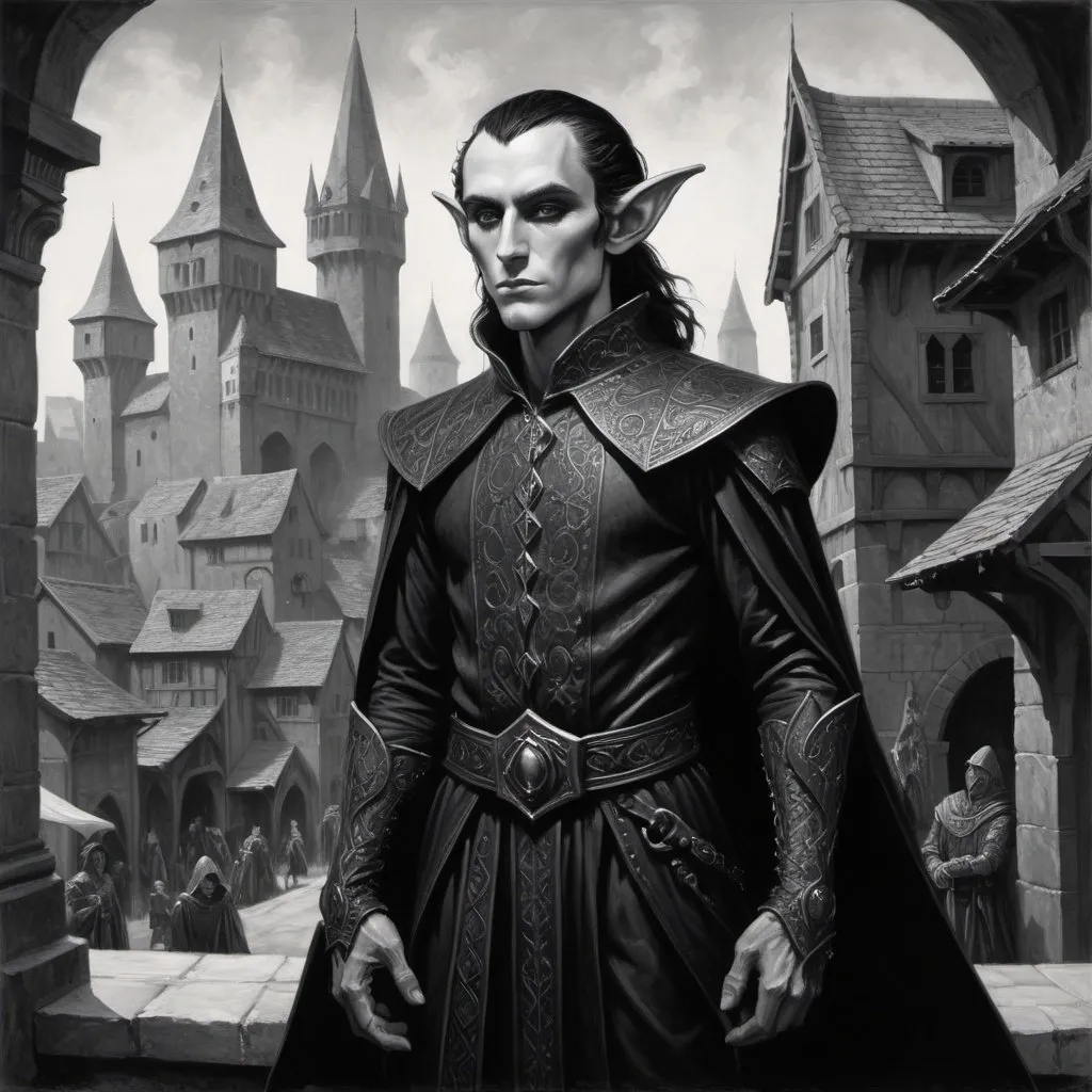 Prompt: detailed black and white painting of a black obsidian carved noble male elf figure wearing fine clothing angular features he might be mistaken for a living being, set against a backdrop of a busy medieval town, acrylic, detailed, full body pose, volumetric lighting, Gerald Brom, Gustav Dore, high contrast