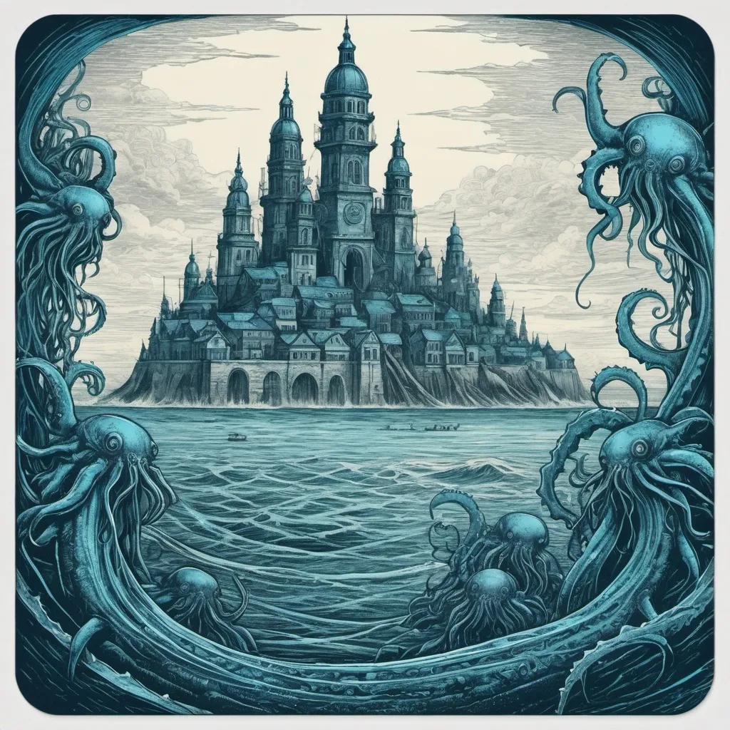 Prompt: neon blue eyed sea horrors emerging from the ocean onto a old fantasy city, beautiful line art, , etching illustration, square sticker, masterpiece