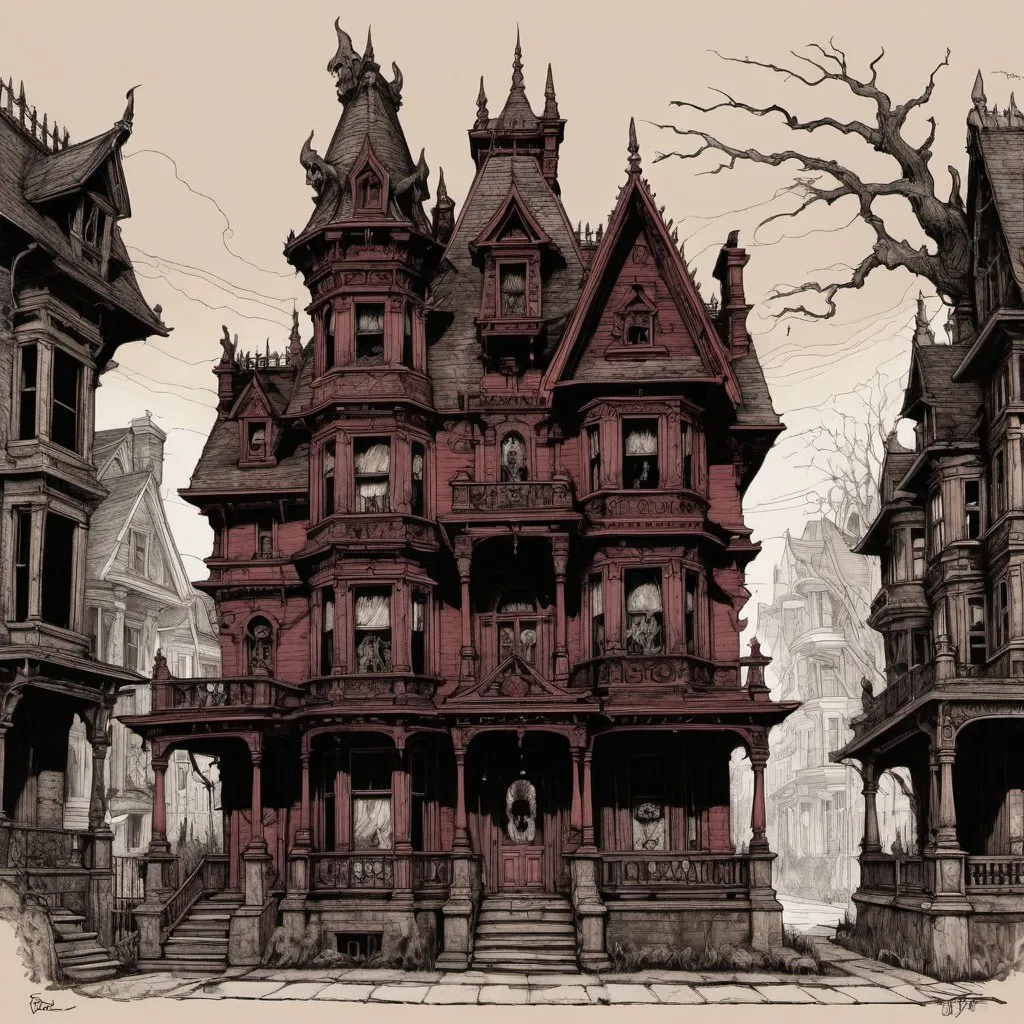 Prompt: detailed line drawing, india ink, pen and ink, neon sepia red, a diabolical row house of evil complete with gargoyle statuary, evil, dark, very detailed, monotone, high contrast, Dyson Logos, Arthur Rackham
