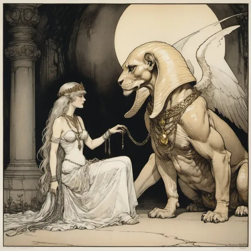 Prompt: Arthur Rackham, illustration of fine detail, masterpiece, a regal sphinx bestowing a golden necklace to a white haired princess, the background shows a shadowy lurking sphinx, fine etching, aged quality, lithograph