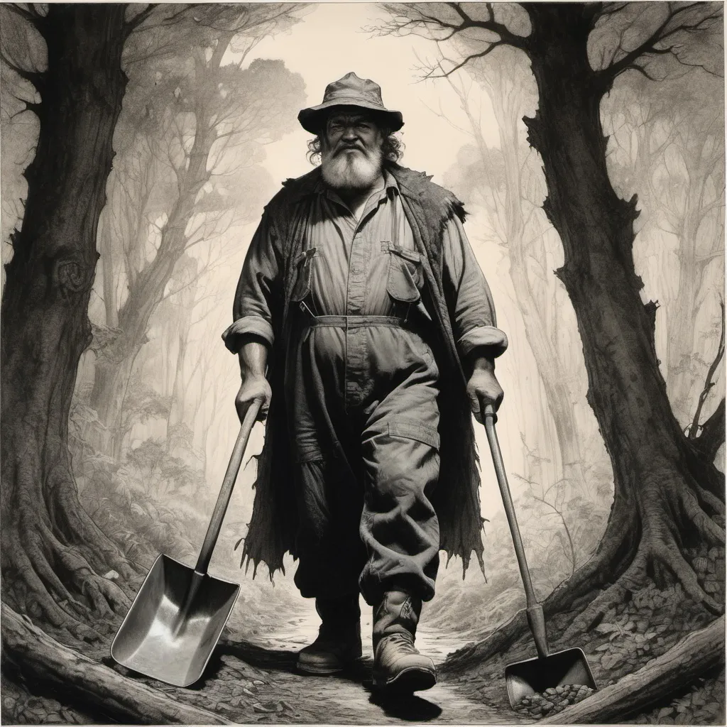 Prompt: A large friendly Samoan coal miner wearing overalls and large shadowed cloak walks through an old oak forest, he sports a large mop of dark hair and wields a long handled shovel over his shoulder, Arthur Rackham, Alan Lee, duotone ink drawing, magnificent line work, detailed, dim lighting, 