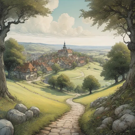 Prompt: Anato Finnstark and Arthur Rackham paint a vibrant and idyllic fantasy city, meadows and rolling hills, farm lands in the distance, pearl white heavenly baroque university atop a low hill, surrounded by cobblestone paths and copses of curated trees, realistic, bright, hopeful, Eden