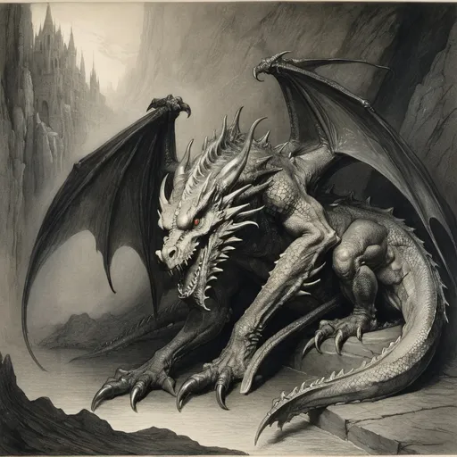 Prompt: Alan Lee, Gustav Dore paint a cruel dragon with five heads,  masterful etching, masterpiece, old masters, rich water colours, grim, dark, delicate line work, dramatic lighting 
