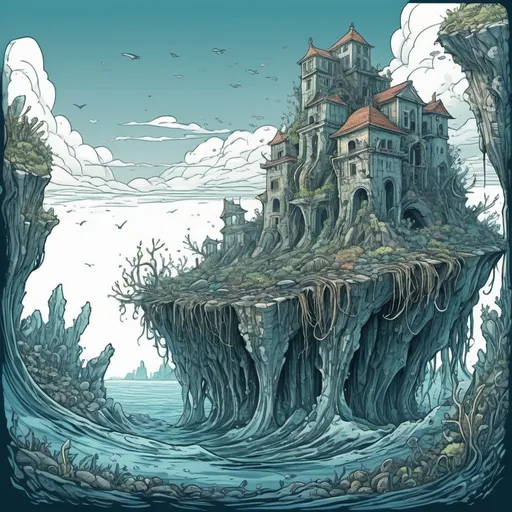 Prompt: submerged fantasy ruined city sprouting organic tendrils of organic rock to the surface of the ocean above, beautiful line art, illustration, square sticker, masterpiece, 