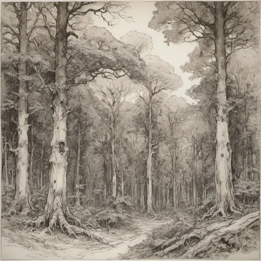 Prompt: detailed line drawing, india ink, pen and ink, an old forest of oak, chestnut and gum trees, extend for miles, rich vegetation, forest in the foreground, drawn as though standing in the middle of the forest to capture the majesty, tritone, high contrast, Arthur Rackham
