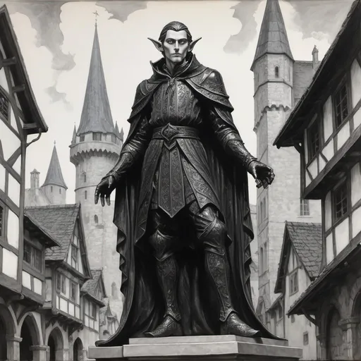 Prompt: detailed black and white painting of a black obsidian stone carved statue resembling a noble male elf that might be mistaken for a living being, figure wearing nobleman's outfit angular features, his skin is pure black, set against a backdrop of a busy medieval town, acrylic, detailed, full body pose, volumetric lighting, Arthur Rackham, Helge C. Balzer, diego gisbert llorens, very slight contrast