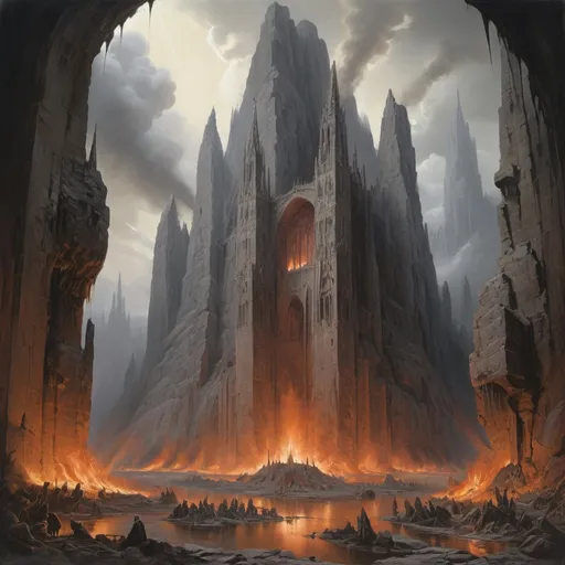 Prompt: brutalism, magnificent, masterpiece, volumetric lighting, oil painting done by Keith Parkinson and Bayard Wu, jutting rock formations erupting from a biblical hell landscape, a magnificent gothic cathedral is embedded in the stone, carnage of medieval proportions, monochromatic, fine line work, an army of stereo typical devils are threading their way in military columns into the foreground