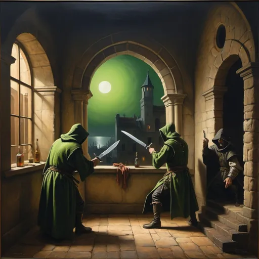 Prompt: brutalism, magnificent, masterpiece, volumetric lighting, oil painting done by Randy Vargas and Rembrandt, a group of menacing cloaked rogues having a knife fight in a deeply shadowed bay window of a medieval tavern, he is looking out the decorative window at two city guards beating a man in the street, dim light cast from a green moon that is outside the frame of the painting, realistic, detailed, dramatic