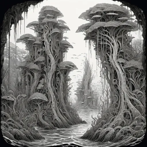 Prompt: Ian Miller's version of a fantasy kelp forest made of sandstone, beautiful line art, horror illustration, long vertical sticker, b and w, masterpiece, Joe Fenton, Ian Miller
