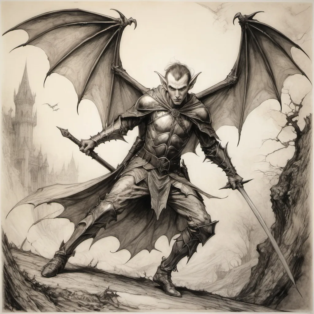 Prompt: An elf warrior in combat with a giant bat, Arthur Rackham, Alan Lee, duotone ink drawing, magnificent line work, detailed, dim lighting, 