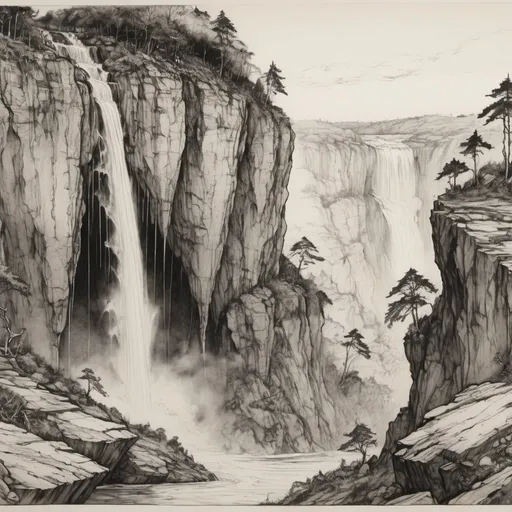 Prompt: detailed line drawing, india ink, pen and ink, the wide face of an epic sized escarpment with intermittent waterfalls, drawn as a panorama from a distance to capture the majesty, monotone, high contrast, Arthur Rackham