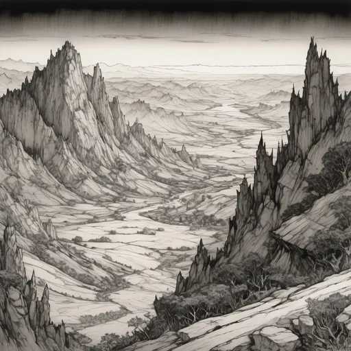 Prompt: detailed line drawing, india ink, pen and ink, deep jagged rifts in the landcape criss cross the plains, glimpses below reveal habitable valleys, extend for miles, natural flora has already been growing on the rock for centuries, forest in the foreground, drawn as a panorama from a distance to capture the majesty, monotone, high contrast, Arthur Rackham