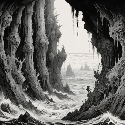 Prompt: beneath the waves, a forest of sprouting organic pillars of rock climbing to the surface of the ocean above, beautiful line art, horror illustration, long vertical sticker, b and w, masterpiece, Joe Fenton, Arthur Rackham, Gustav Dore
