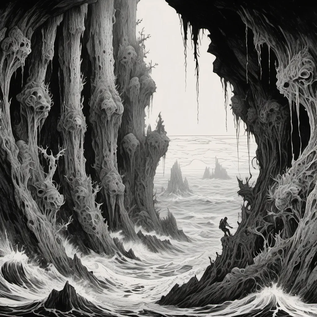 Prompt: beneath the waves, a forest of sprouting organic pillars of rock climbing to the surface of the ocean above, beautiful line art, horror illustration, long vertical sticker, b and w, masterpiece, Joe Fenton, Arthur Rackham, Gustav Dore
