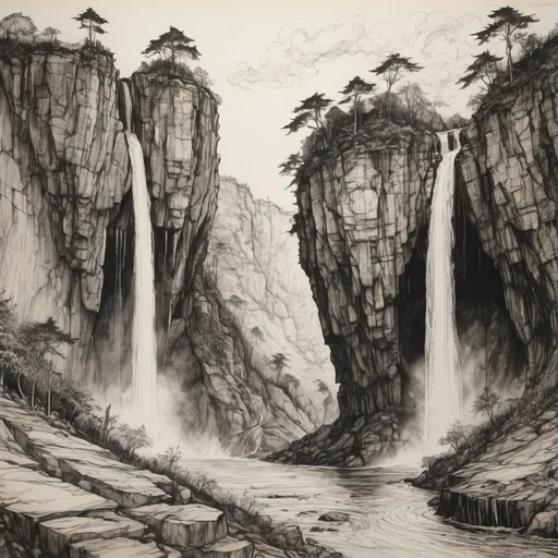 Prompt: detailed line drawing, india ink, pen and ink, an epic sized escarpment face with intermittent waterfalls, drawn as a panorama from a distance to capture the majesty, monotone, high contrast, Arthur Rackham