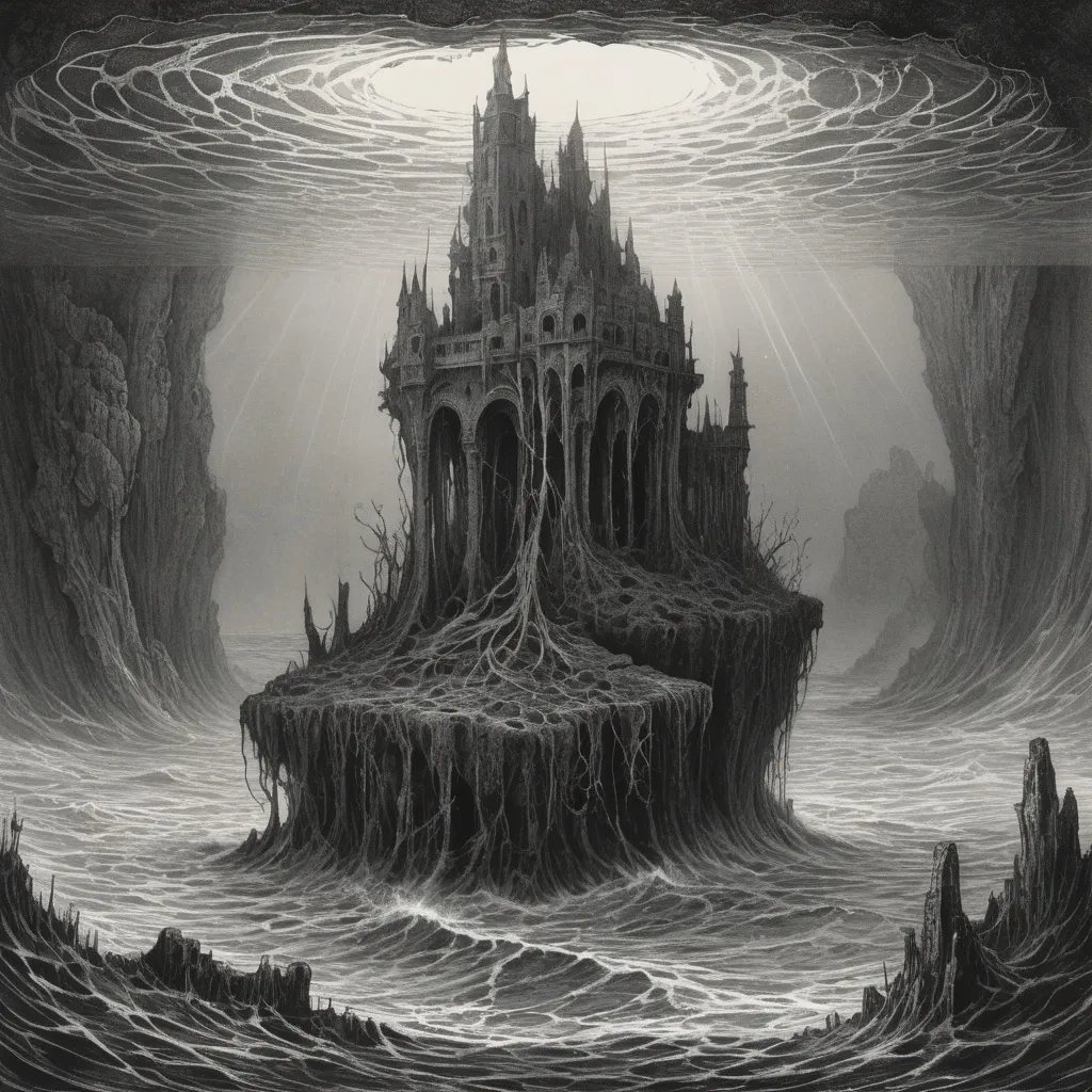 Prompt: submerged fantasy ruined city sprouting organic tendrils of organic rock to the surface of the ocean above, beautiful line art, b and w, etching illustration, square sticker, masterpiece, Gustav Dore, Zdzisław Beksiński