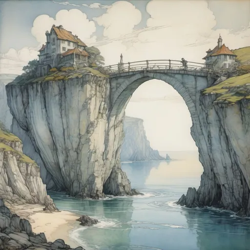 Prompt: Anato Finnstark and Arthur Rackham paint a vibrant and idyllic fantasy island, cliff faces, sea below, pearl white heavenly arched bridge extends out into horizon, realistic, bright, hopeful, Eden