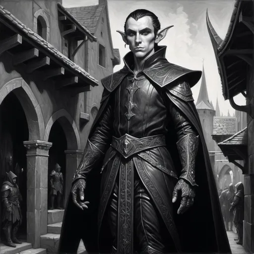 Prompt: detailed black and white painting of a black obsidian carved noble male elf figure wearing fine clothing angular features he might be mistaken for a living being, his skin is pure black, set against a backdrop of a busy medieval town, acrylic, detailed, full body pose, volumetric lighting, Gerald Brom, Darius Sawadzki, very slight contrast