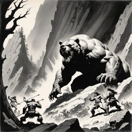 Prompt: John Buscema and Frank Frazetta, dramatic, India ink illustration, very detailed, fine line work, a group of four classic dungeons and dragons adventurers are in mid-combat with a hulking demon bear on a forested mountain slope, spells are flying, arrows whistling, blades clashing, stark brutalistic lighting enhances the action, realistic fantasy art, masterwork in capturing motion through illustration, masterpiece