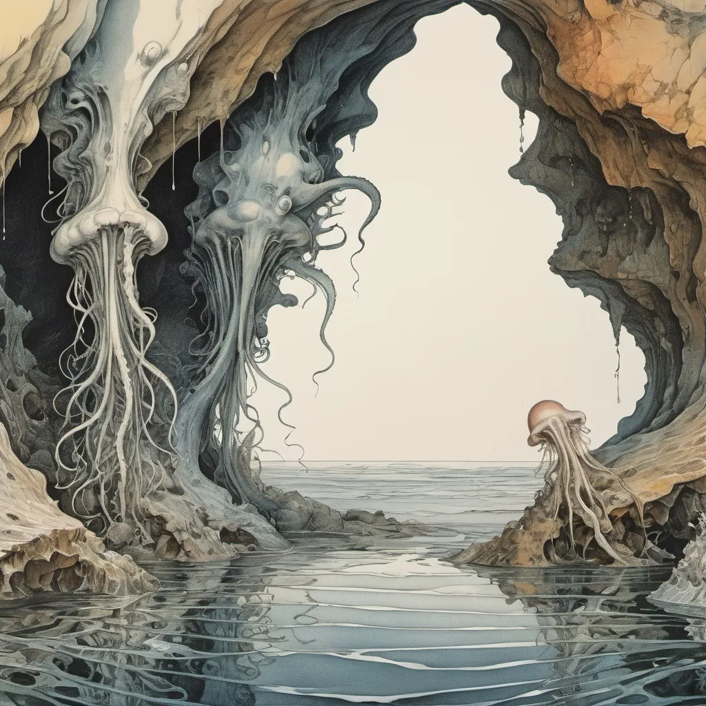 Prompt: try-chromatic sea horrors emerging from an ocean fed tidal pool into a sea cave, beautiful line art, , painted illustration, square sticker, masterpiece, Hans Bellmer, realistic