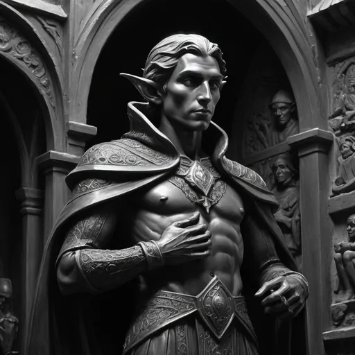 Prompt: detailed black and white painting of a black obsidian stone carved statue resembling a noble male elf , figure wearing fine clothing angular features he might be mistaken for a living being, his skin is pure black, set against a backdrop of a busy medieval town, acrylic, detailed, full body pose, volumetric lighting, Helge C. Balzer, diego gisbert llorens, very slight contrast