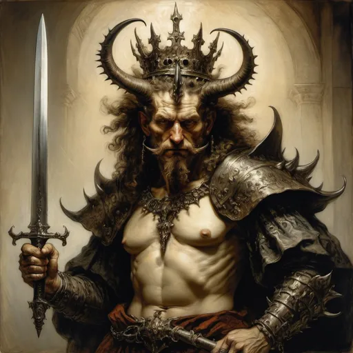 Prompt: Rembrandt, Arthur Rackham, rich oil portrait, Fantasy Trifling, Horned crowned devil-man wielding an ornate detailed sword, iron spikes growing from his head like a crown, With-King of Angmar, masterpiece, dramatic pose. dramatic lighting