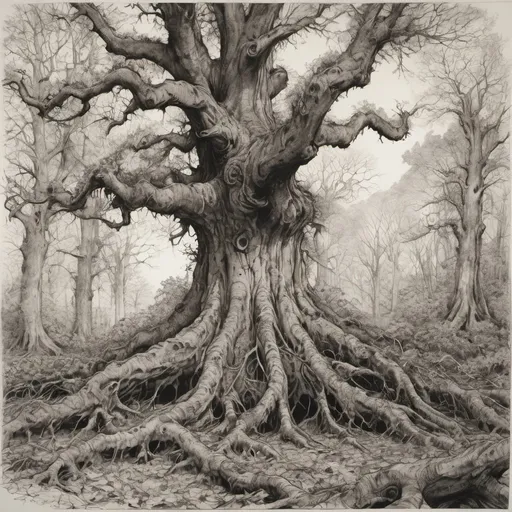 Prompt: detailed line drawing, india ink, pen and ink, an old forest of oak and chestnut growing all around, a massive trees has fallen over expsing its vast web of roots to the viewer, rich vegetation, drawn as though standing in the middle of the forest to capture the majesty, duotone, high contrast, Arthur Rackham