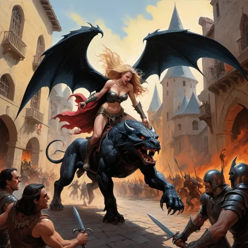 Prompt: Erol Otus and Frank Buscema collaborate on the magnificent vibrant painting, a female archimage is in a life or death struggle with dark knight riding a manticore, the fight is taking place in the streets of a classic fantasy town, a crowd looks on in horror, set the scene with plenty of props you would expect to see in a vibrant medieval plaza, dramatic colour and light, masterpiece artwork
