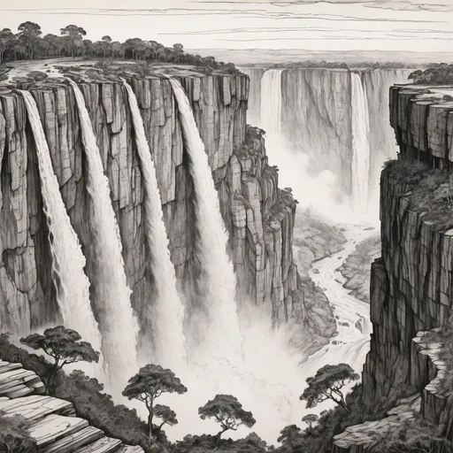 Prompt: detailed line drawing, india ink, pen and ink, the wide face of an epic sized escarpment with intermittent waterfalls similiar to Victoria Falls, drawn as a panorama from a distance to capture the majesty, monotone, high contrast, Arthur Rackham