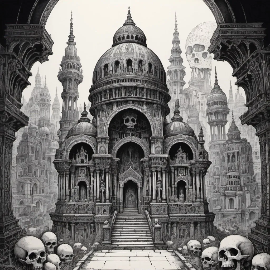 Prompt: detailed line drawing, india ink, pen and ink, a neon ossuary in a fantasy city, very detailed, duotone, high contrast, masterpiece