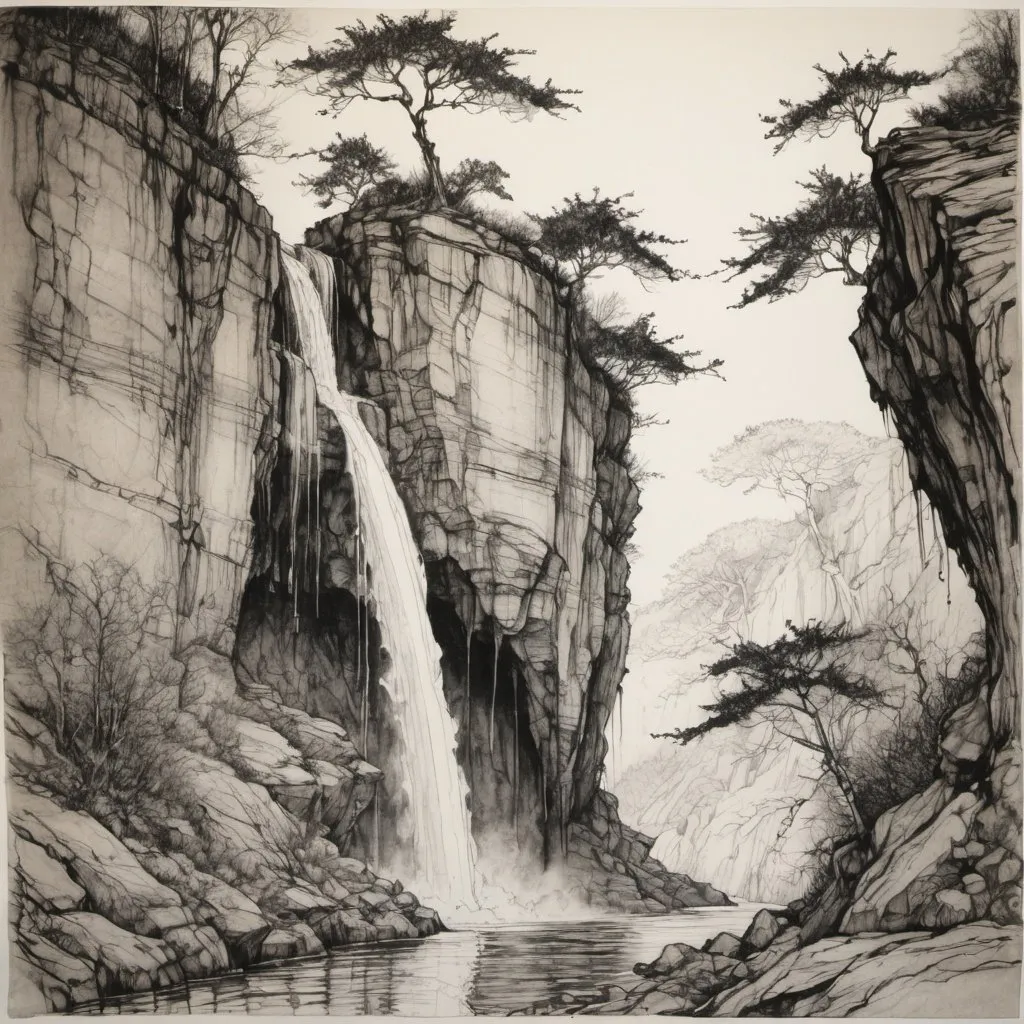 Prompt: detailed line drawing, india ink, pen and ink, an escarpment face with intermittent waterfalls, monotone, high contrast, Arthur Rackham