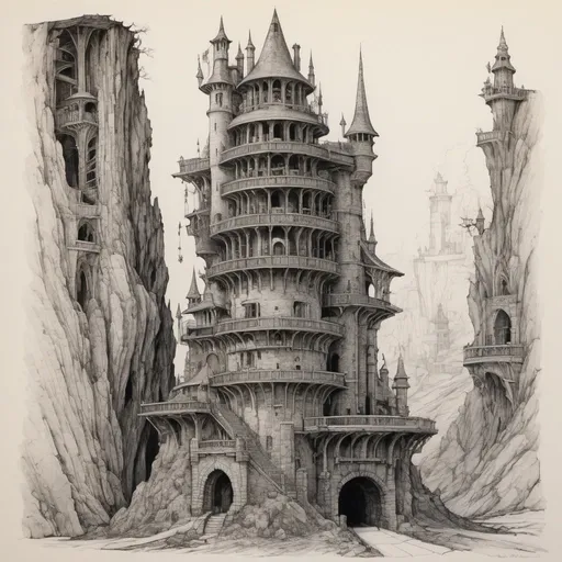 Prompt: detailed line drawing, india ink, pen and ink, cross section of a five-storey wizard's tower, very detailed, monotone, high contrast, Dyson Logos, Arthur Rackham