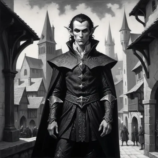 Prompt: detailed black and white painting of a black obsidian carved noble male elf figure wearing fine clothing angular features he might be mistaken for a living being, set against a backdrop of a busy medieval town, acrylic, detailed, full body pose, volumetric lighting, Gerald Brom, Gustav Dore, high contrast
