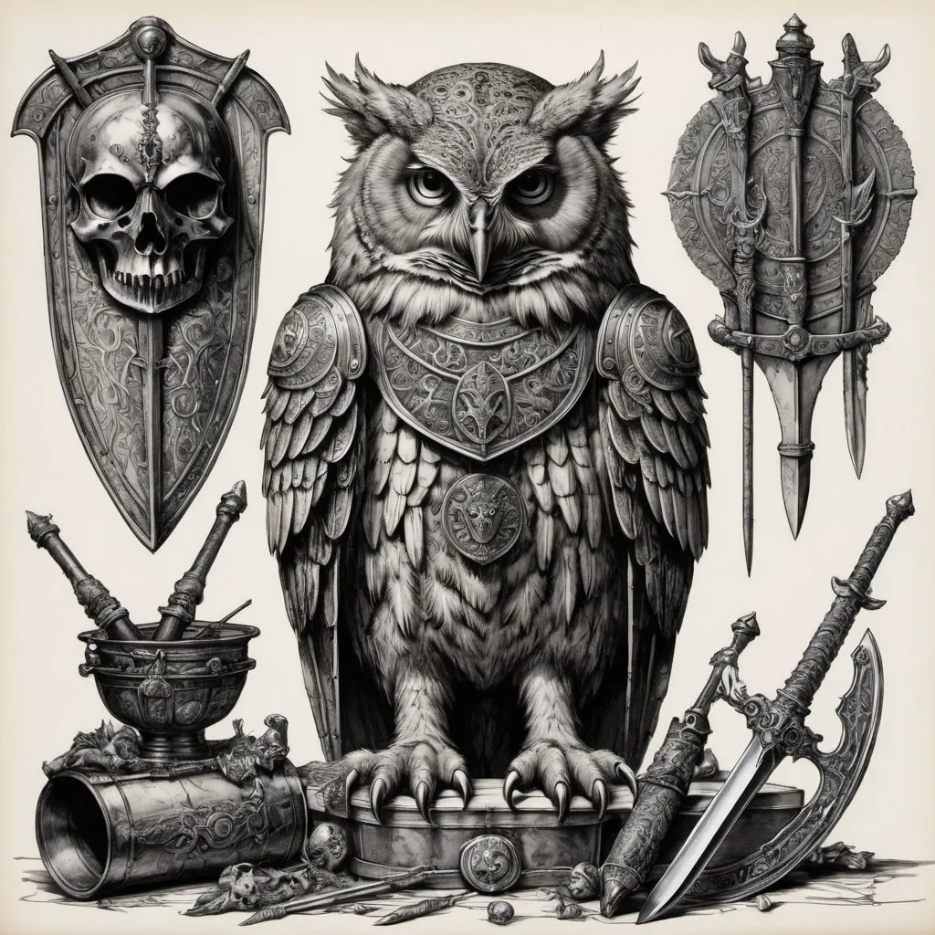 Prompt: detailed line drawing, india ink, pen and ink, a detailed still life of a dead owl-bear hybrid amid medieval weapons, armour, and treasure, very detailed, duotone, high contrast, Dyson Logos, Arthur Rackham