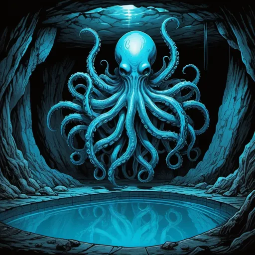 Prompt: neon blue skinned horrors with tentacled limbs creep from a pool in the center of cave, beautiful line art, , etching illustration, square sticker, masterpiece