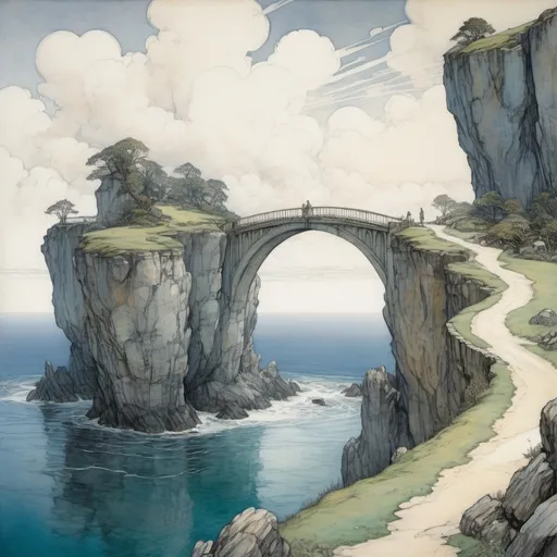 Prompt: Anato Finnstark and Arthur Rackham paint a vibrant and idyllic fantasy island, cliff faces, sea below, pearl white heavenly arched bridge extends out into horizon, realistic, bright, hopeful, Eden